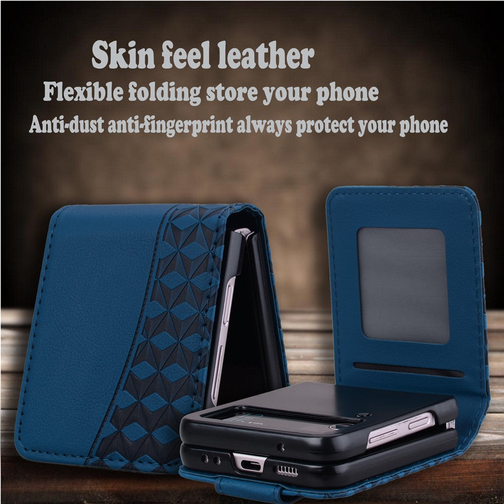 For Samsung Galaxy Z Flip7 5G Case Rhombus Pattern Leather Phone Cover with Wrist Strap - Sapphire