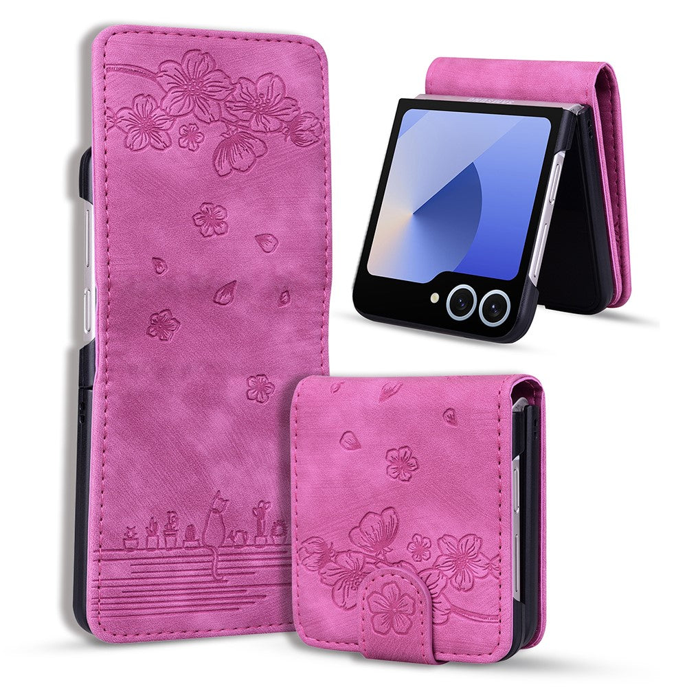 For Samsung Galaxy Z Flip7 5G Case Cherry Blossom Cat Leather Phone Cover with Card Slot - Rose