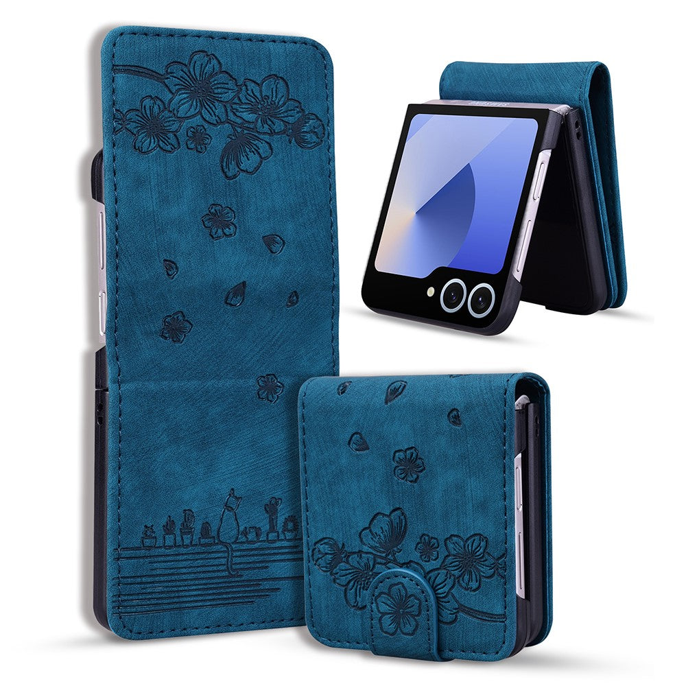 For Samsung Galaxy Z Flip7 5G Case Cherry Blossom Cat Leather Phone Cover with Card Slot - Blue