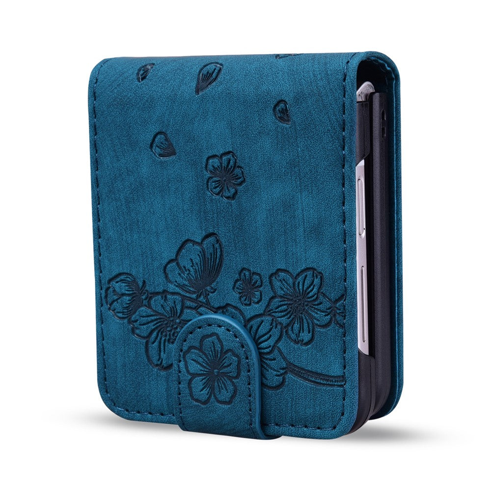 For Samsung Galaxy Z Flip7 5G Case Cherry Blossom Cat Leather Phone Cover with Card Slot - Blue