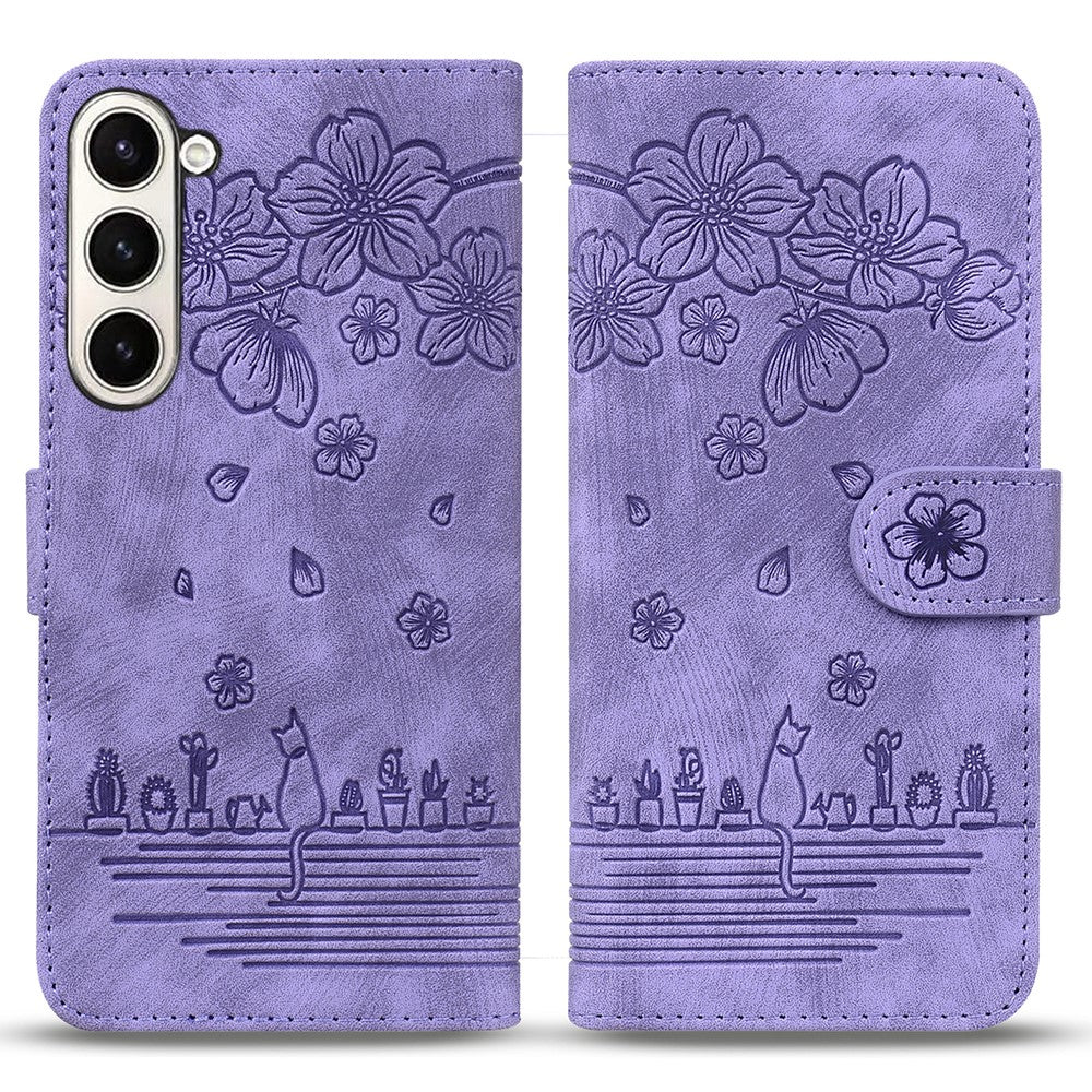 For Samsung Galaxy Z Fold7 5G Case Flip Stand Leather Phone Cover Cherry Blossom Cat Imprinted - Purple