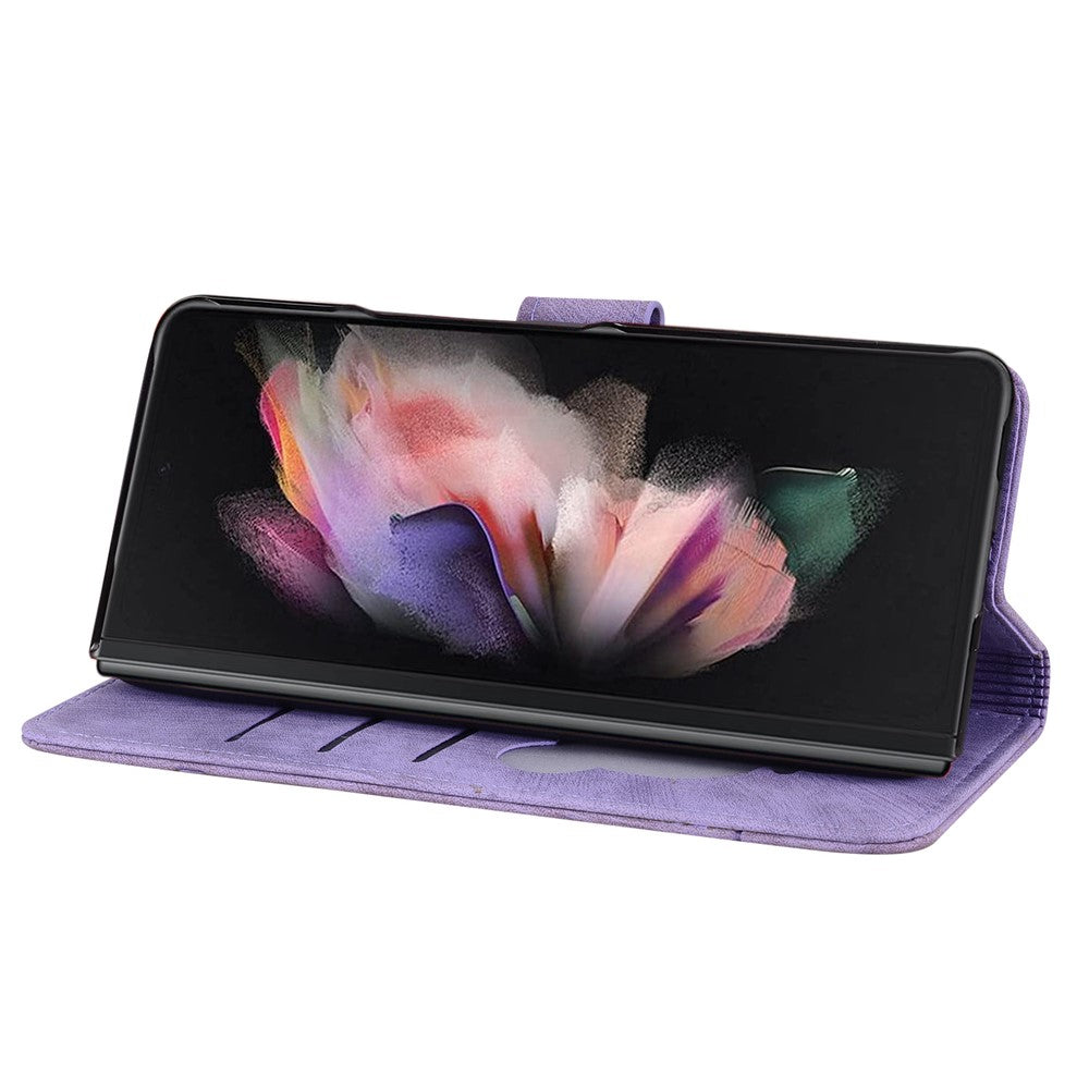 For Samsung Galaxy Z Fold7 5G Case Flip Stand Leather Phone Cover Cherry Blossom Cat Imprinted - Purple