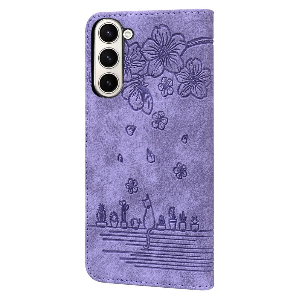 For Samsung Galaxy Z Fold7 5G Case Flip Stand Leather Phone Cover Cherry Blossom Cat Imprinted - Purple