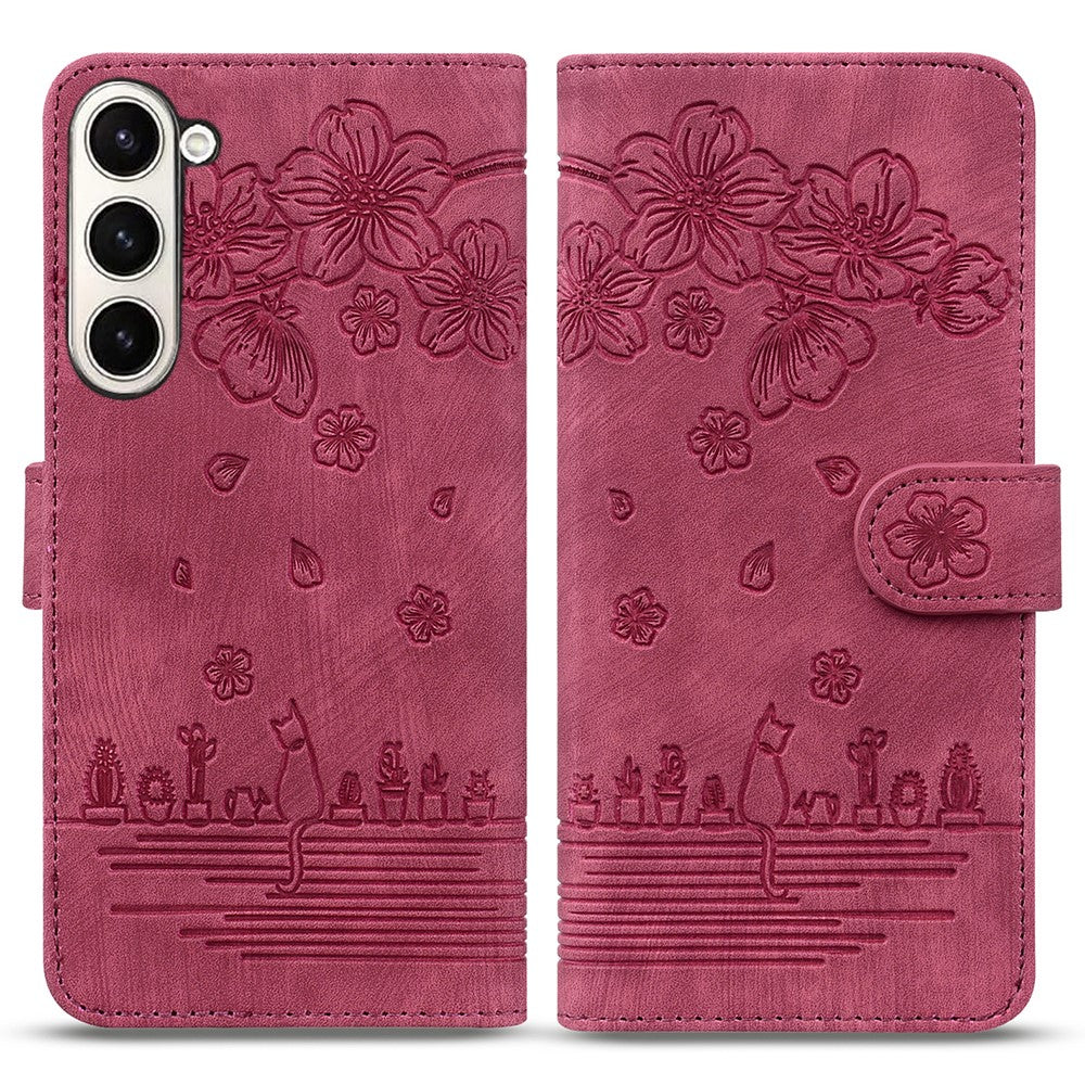 For Samsung Galaxy Z Fold7 5G Case Flip Stand Leather Phone Cover Cherry Blossom Cat Imprinted - Red