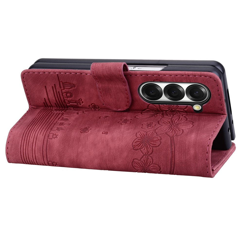 For Samsung Galaxy Z Fold7 5G Case Flip Stand Leather Phone Cover Cherry Blossom Cat Imprinted - Red