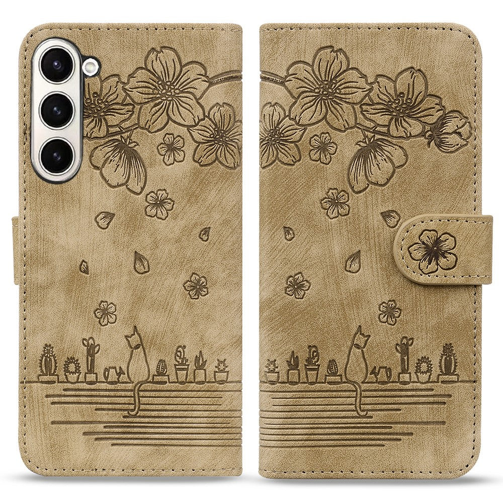 For Samsung Galaxy Z Fold7 5G Case Flip Stand Leather Phone Cover Cherry Blossom Cat Imprinted - Brown