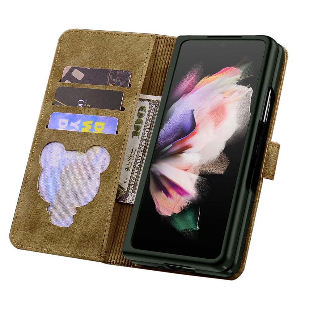 For Samsung Galaxy Z Fold7 5G Case Flip Stand Leather Phone Cover Cherry Blossom Cat Imprinted - Brown