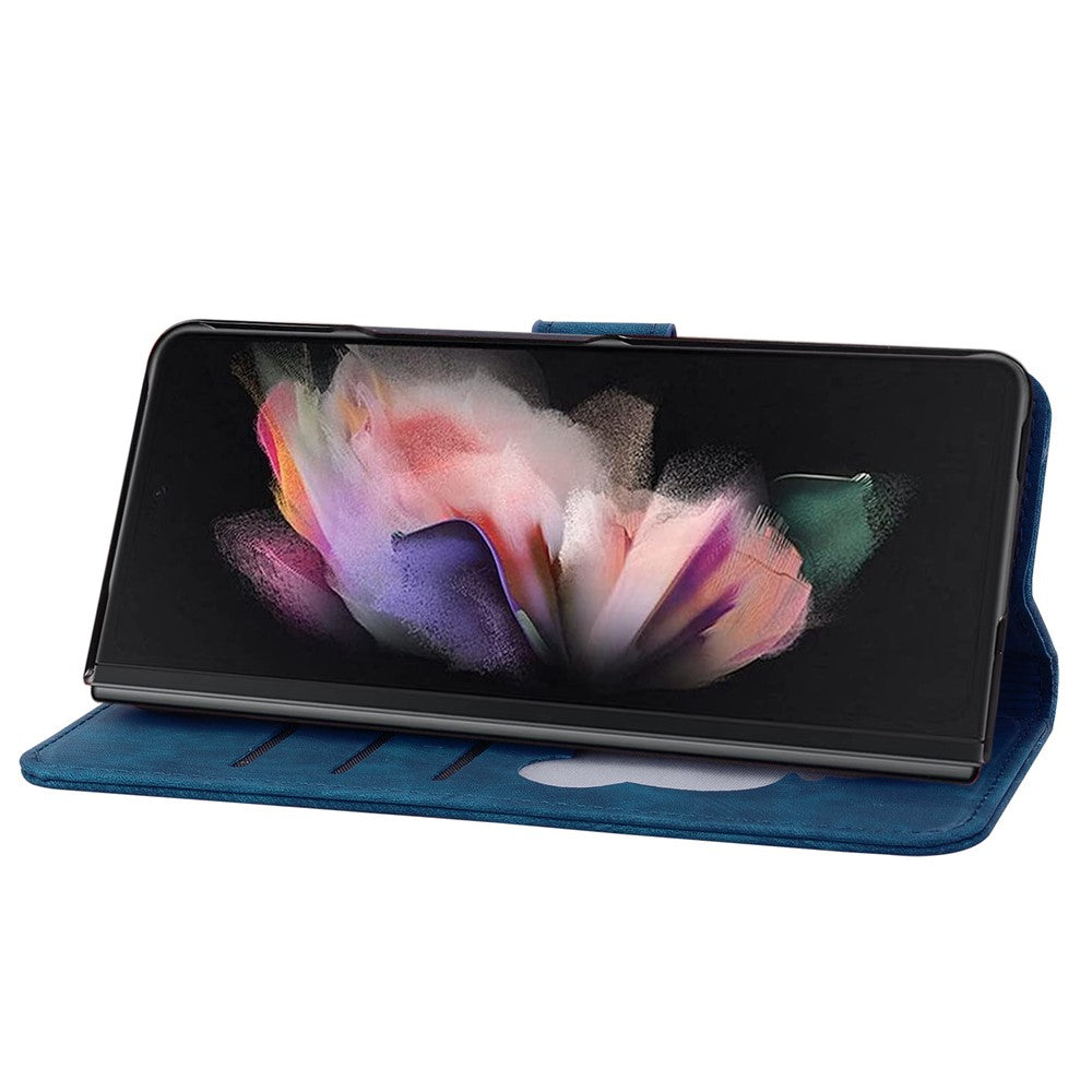 For Samsung Galaxy Z Fold7 5G Case Flip Stand Leather Phone Cover Cherry Blossom Cat Imprinted - Blue