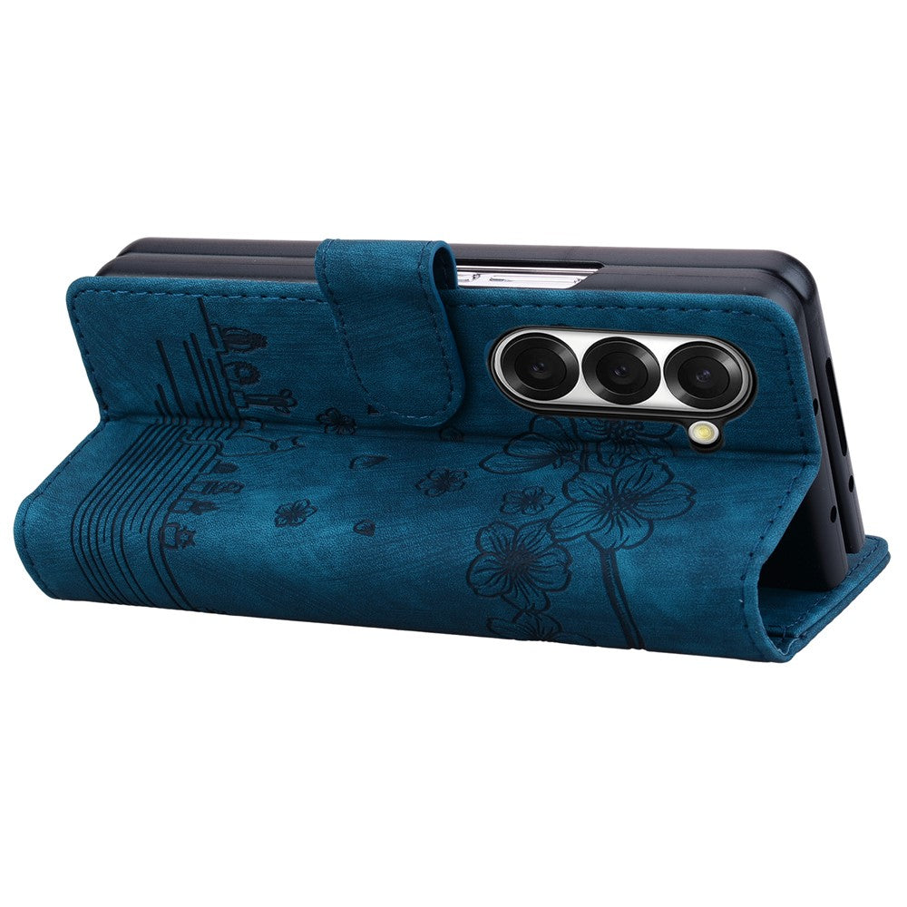 For Samsung Galaxy Z Fold7 5G Case Flip Stand Leather Phone Cover Cherry Blossom Cat Imprinted - Blue