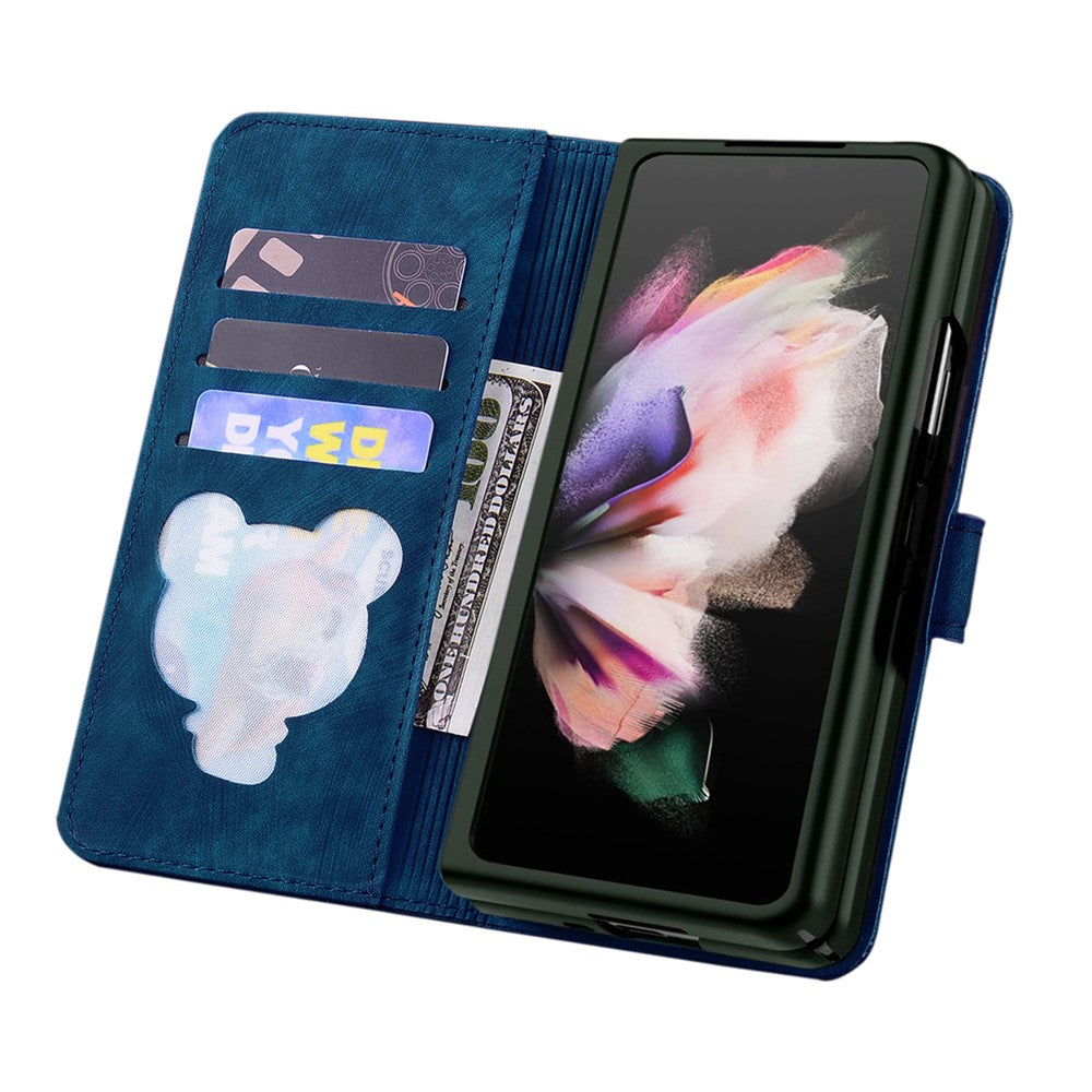 For Samsung Galaxy Z Fold7 5G Case Flip Stand Leather Phone Cover Cherry Blossom Cat Imprinted - Blue