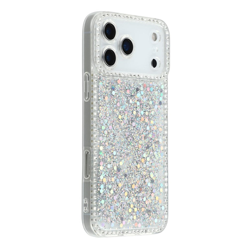 For iPhone 17 Pro Max Case Rhinestone Edge Glitter Epoxy TPU Phone Cover - Silver