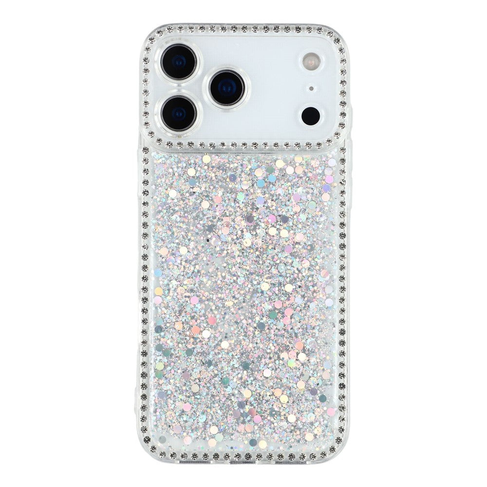 For iPhone 17 Pro Max Case Rhinestone Edge Glitter Epoxy TPU Phone Cover - Silver