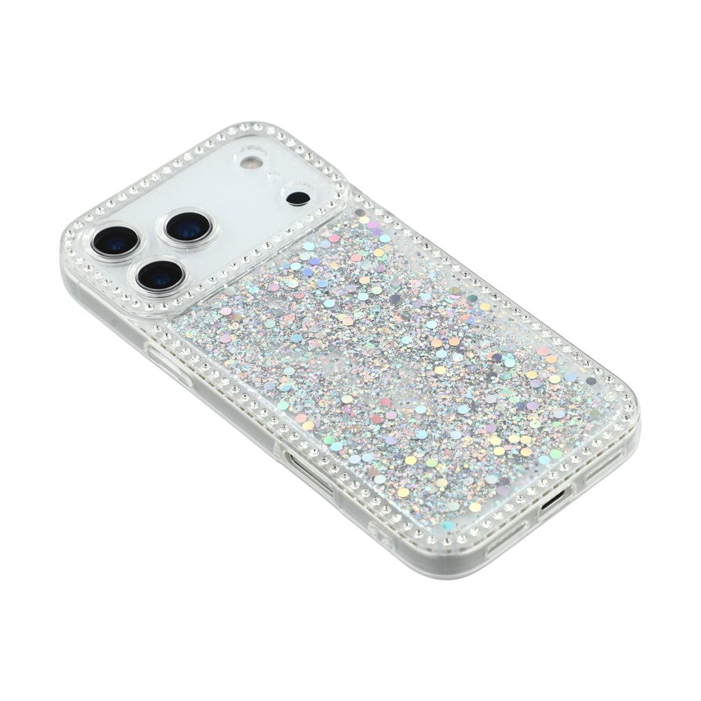 For iPhone 17 Pro Max Case Rhinestone Edge Glitter Epoxy TPU Phone Cover - Silver