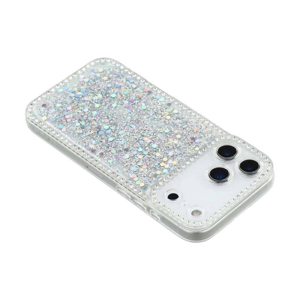 For iPhone 17 Pro Max Case Rhinestone Edge Glitter Epoxy TPU Phone Cover - Silver
