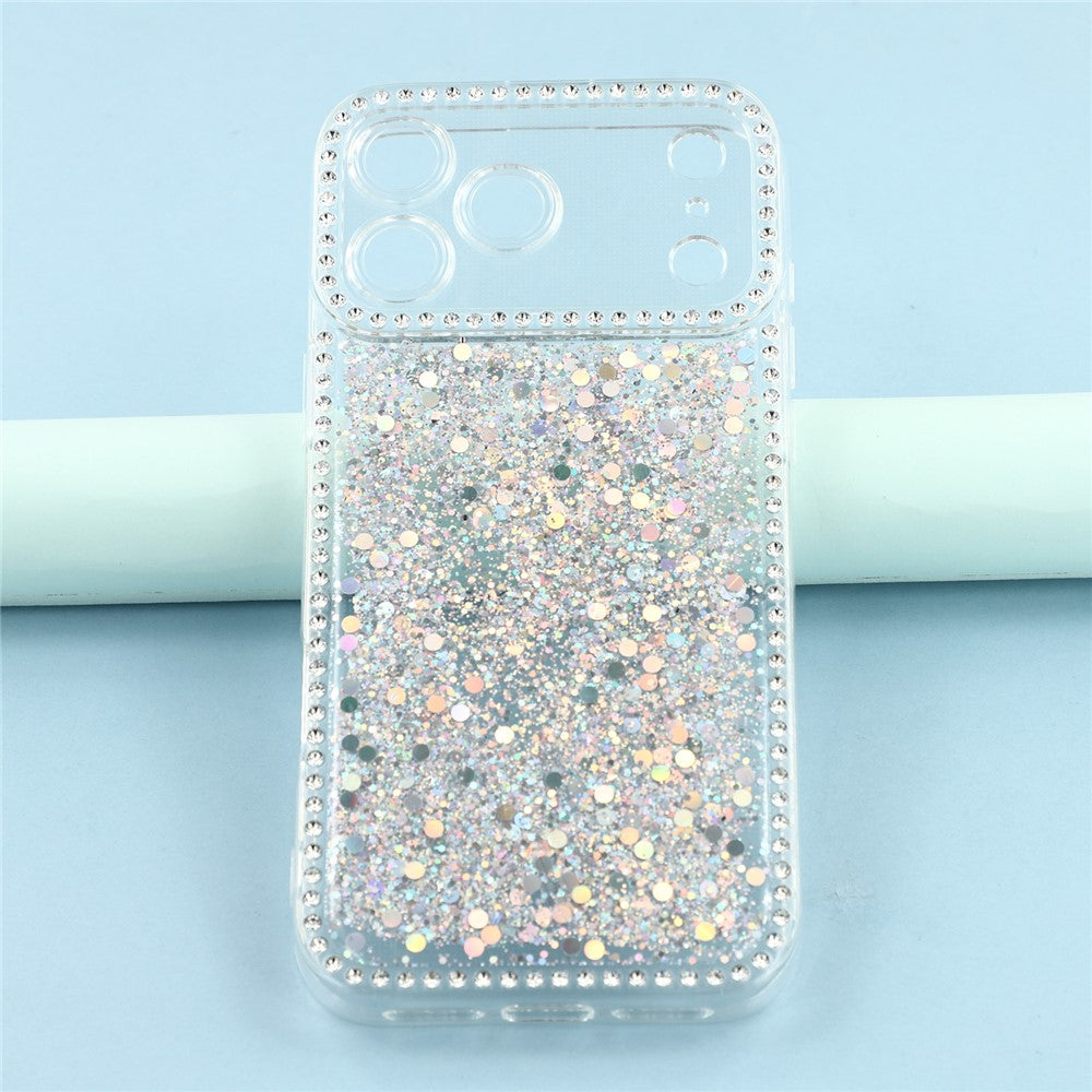For iPhone 17 Pro Max Case Rhinestone Edge Glitter Epoxy TPU Phone Cover - Silver