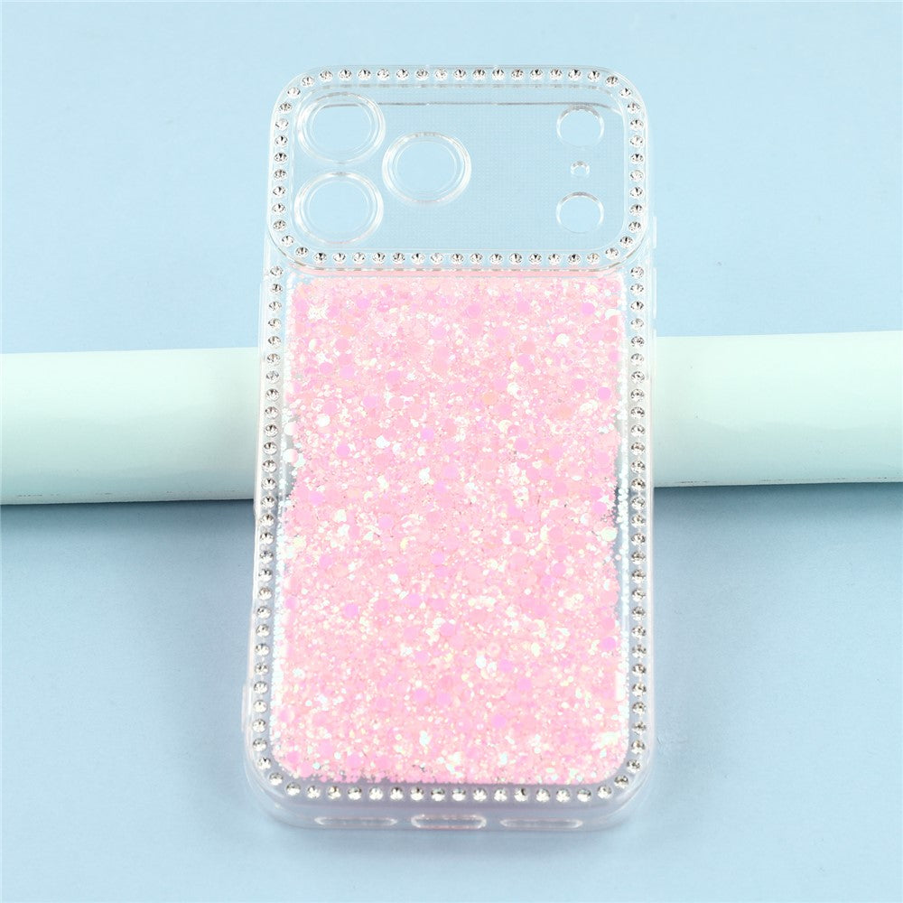 For iPhone 17 Pro Max Case Rhinestone Edge Glitter Epoxy TPU Phone Cover - Pink