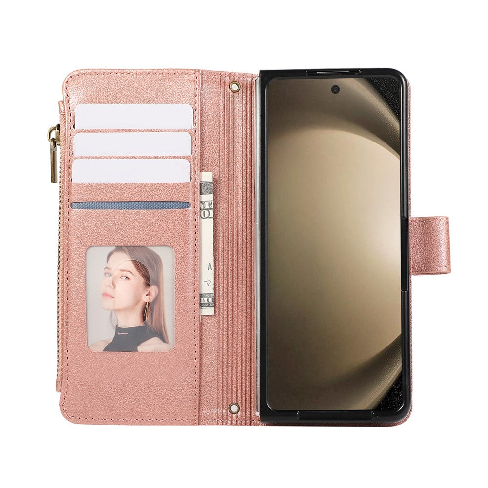 For Samsung Galaxy Z Fold7 5G Case Multi Card Slots Zipper Leather Phone Cover with Wrist Strap - Rose Gold