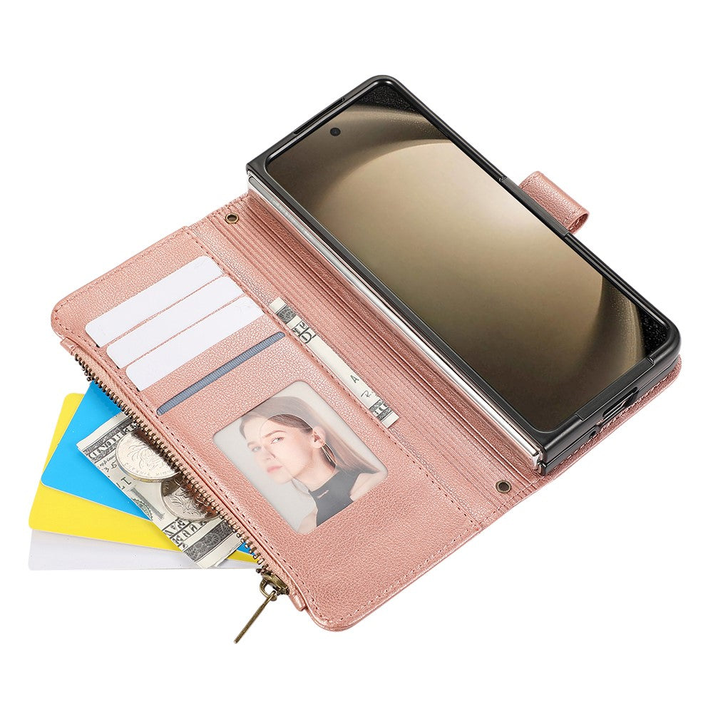 For Samsung Galaxy Z Fold7 5G Case Multi Card Slots Zipper Leather Phone Cover with Wrist Strap - Rose Gold