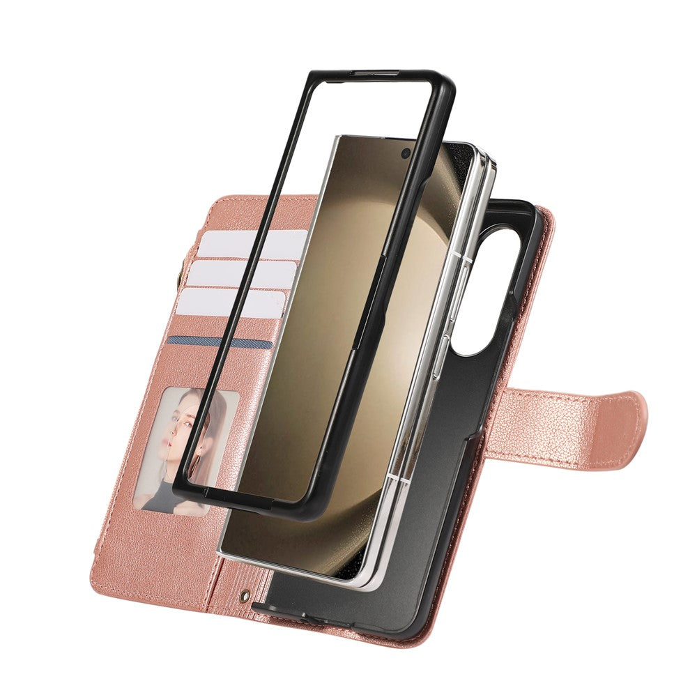 For Samsung Galaxy Z Fold7 5G Case Multi Card Slots Zipper Leather Phone Cover with Wrist Strap - Rose Gold