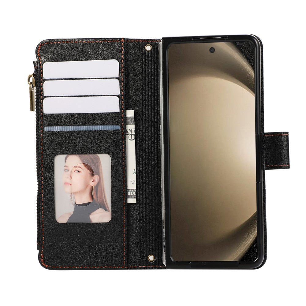 For Samsung Galaxy Z Fold7 5G Case Multi Card Slots Zipper Leather Phone Cover with Wrist Strap - Black