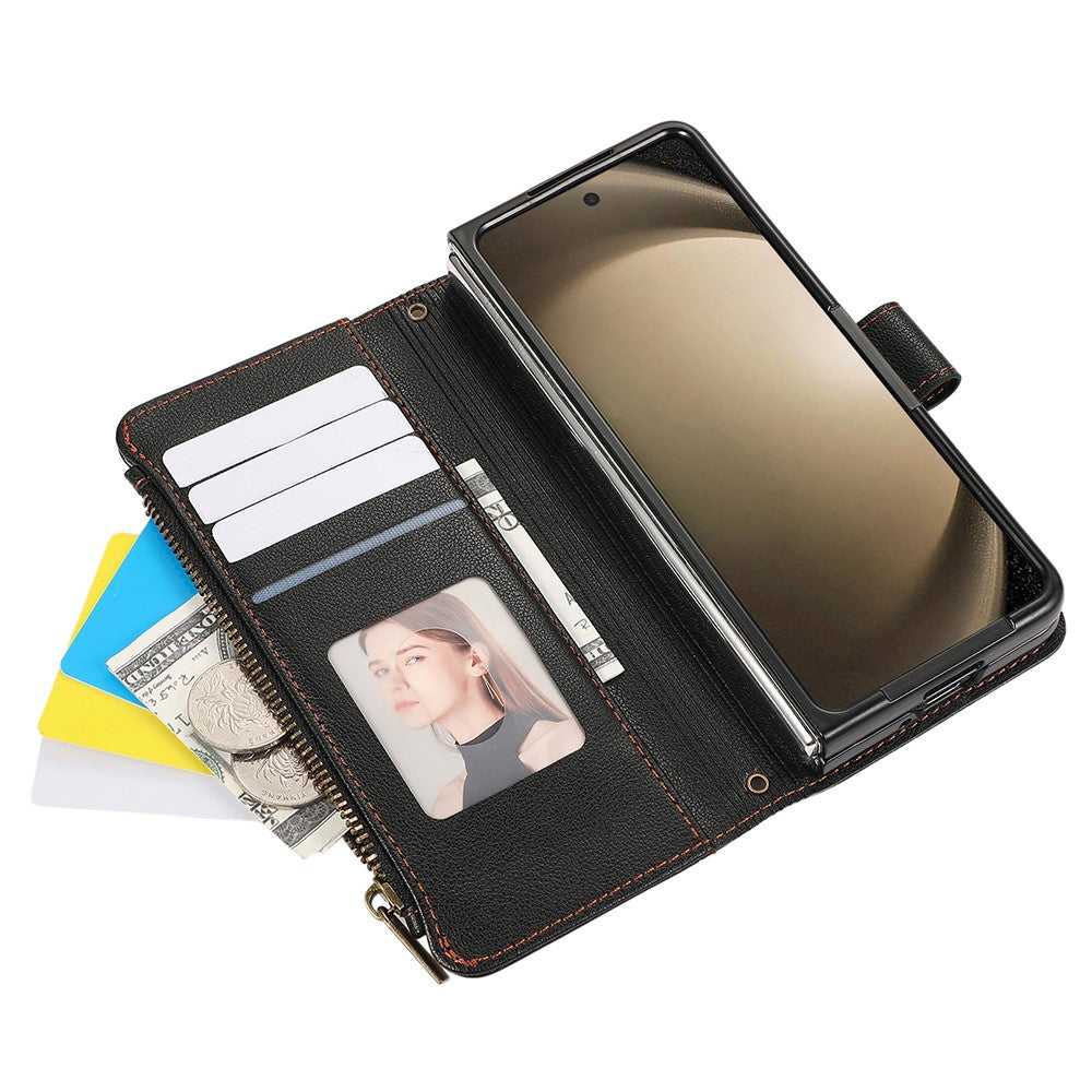 For Samsung Galaxy Z Fold7 5G Case Multi Card Slots Zipper Leather Phone Cover with Wrist Strap - Black