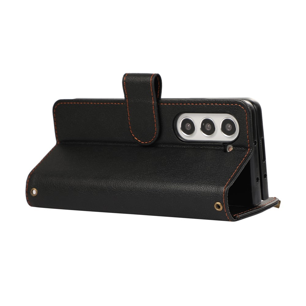 For Samsung Galaxy Z Fold7 5G Case Multi Card Slots Zipper Leather Phone Cover with Wrist Strap - Black