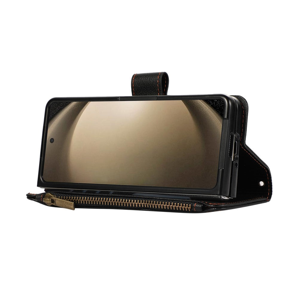 For Samsung Galaxy Z Fold7 5G Case Multi Card Slots Zipper Leather Phone Cover with Wrist Strap - Black