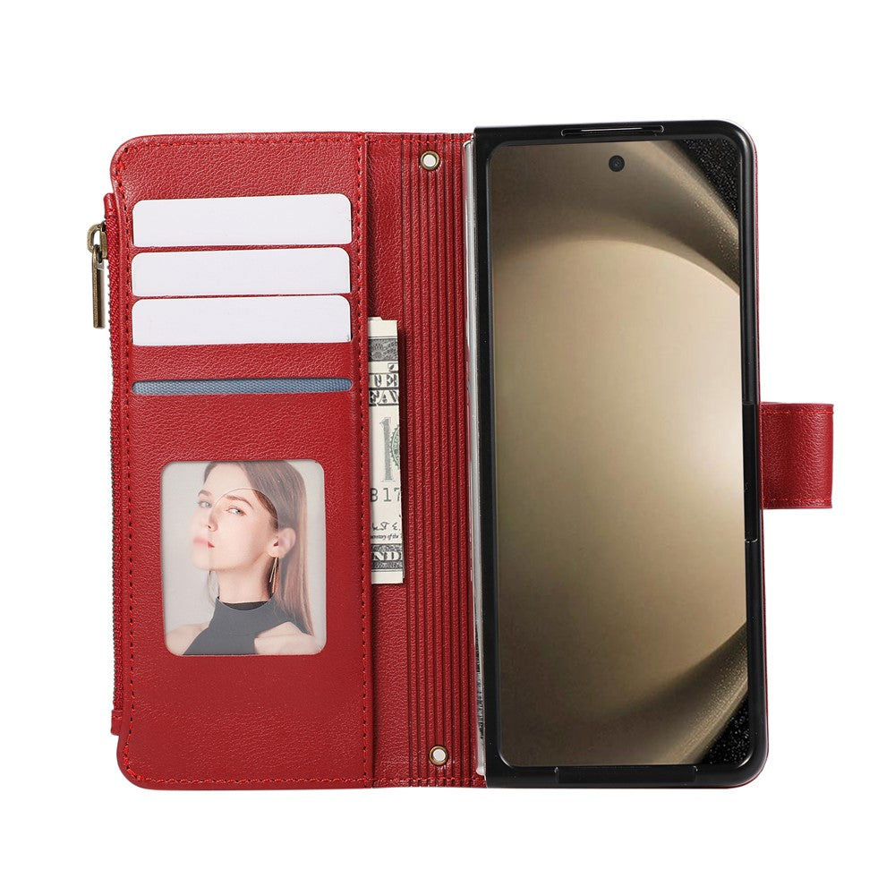 For Samsung Galaxy Z Fold7 5G Case Multi Card Slots Zipper Leather Phone Cover with Wrist Strap - Red