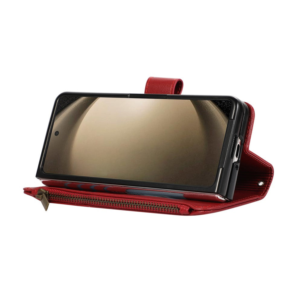 For Samsung Galaxy Z Fold7 5G Case Multi Card Slots Zipper Leather Phone Cover with Wrist Strap - Red