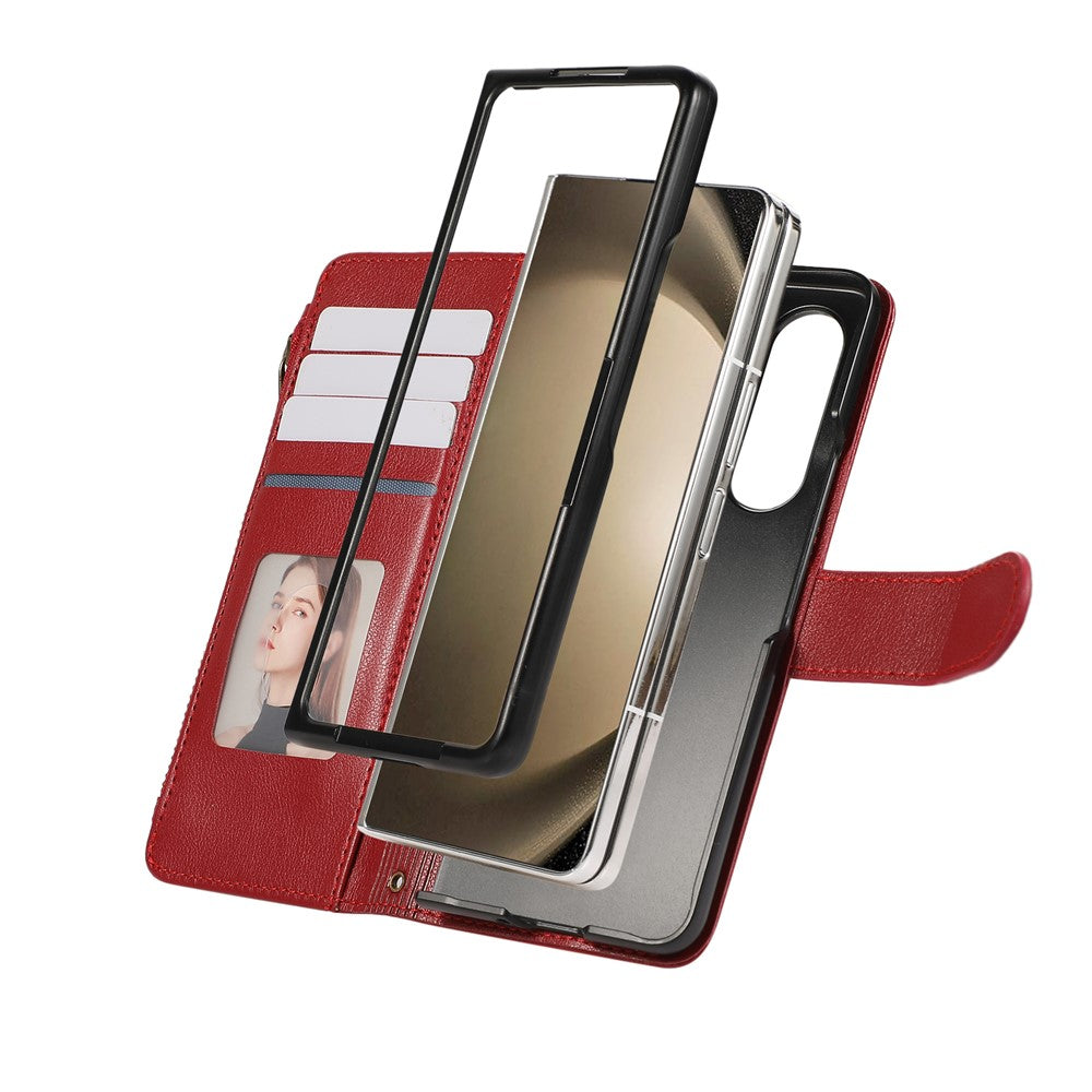 For Samsung Galaxy Z Fold7 5G Case Multi Card Slots Zipper Leather Phone Cover with Wrist Strap - Red