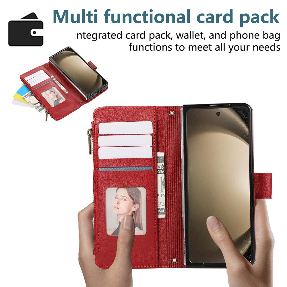For Samsung Galaxy Z Fold7 5G Case Multi Card Slots Zipper Leather Phone Cover with Wrist Strap - Red