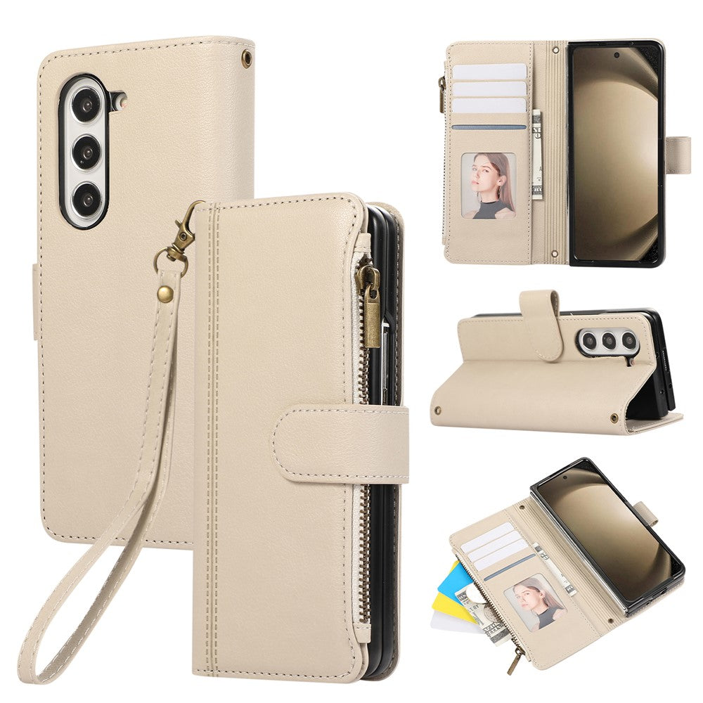 For Samsung Galaxy Z Fold7 5G Case Multi Card Slots Zipper Leather Phone Cover with Wrist Strap - Beige