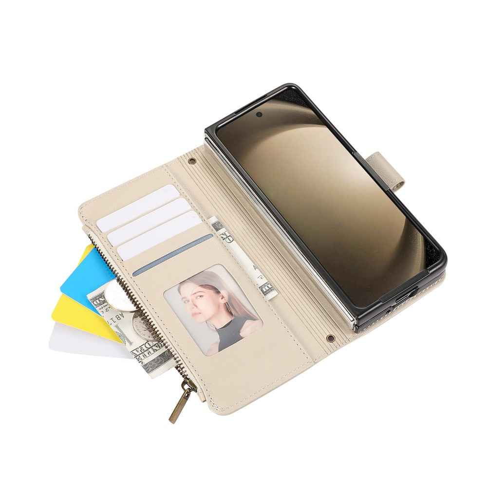For Samsung Galaxy Z Fold7 5G Case Multi Card Slots Zipper Leather Phone Cover with Wrist Strap - Beige