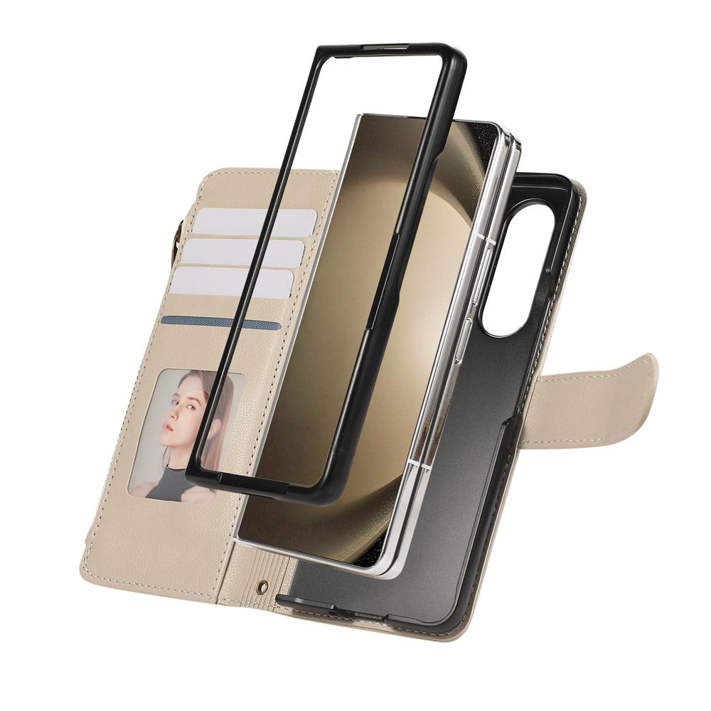 For Samsung Galaxy Z Fold7 5G Case Multi Card Slots Zipper Leather Phone Cover with Wrist Strap - Beige