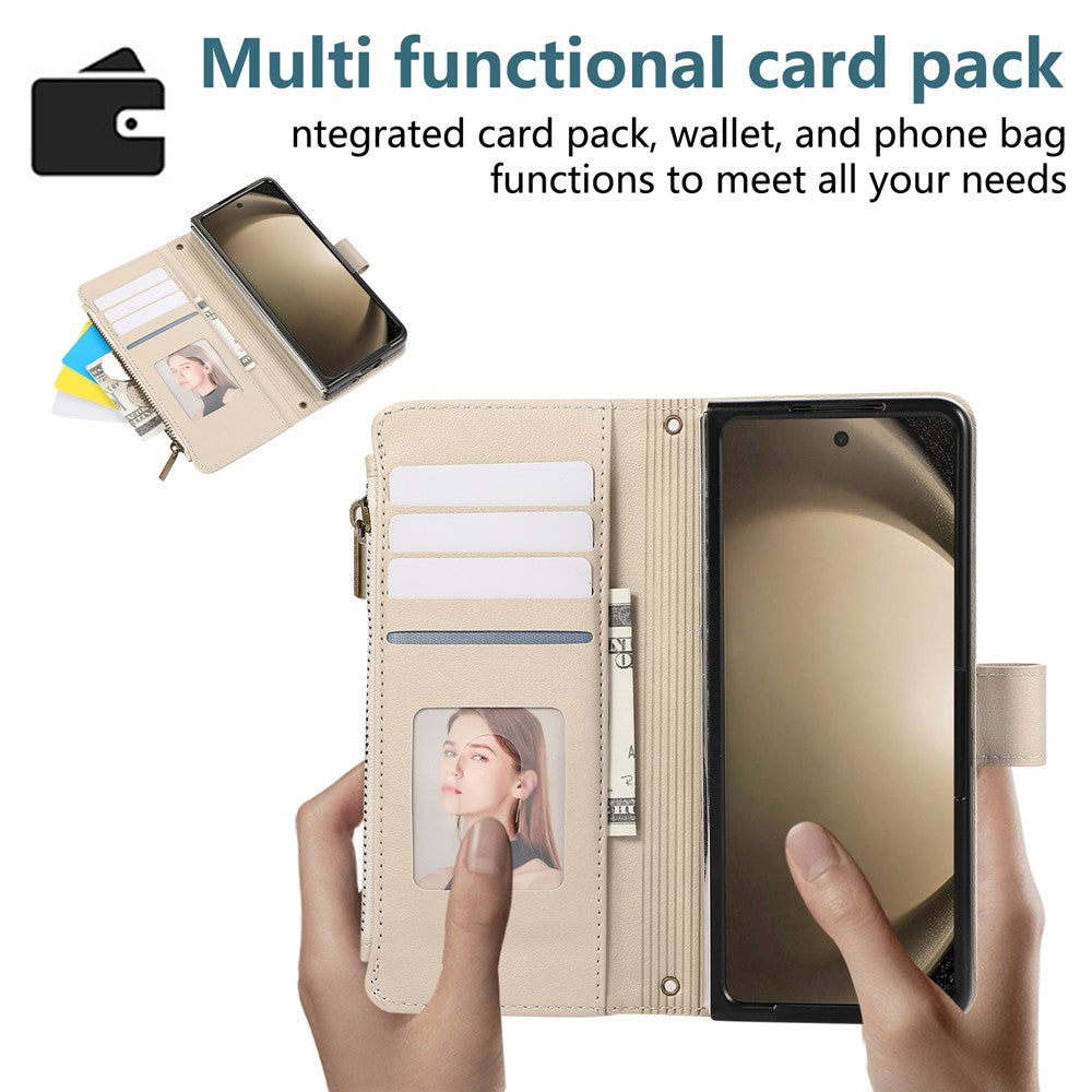 For Samsung Galaxy Z Fold7 5G Case Multi Card Slots Zipper Leather Phone Cover with Wrist Strap - Beige