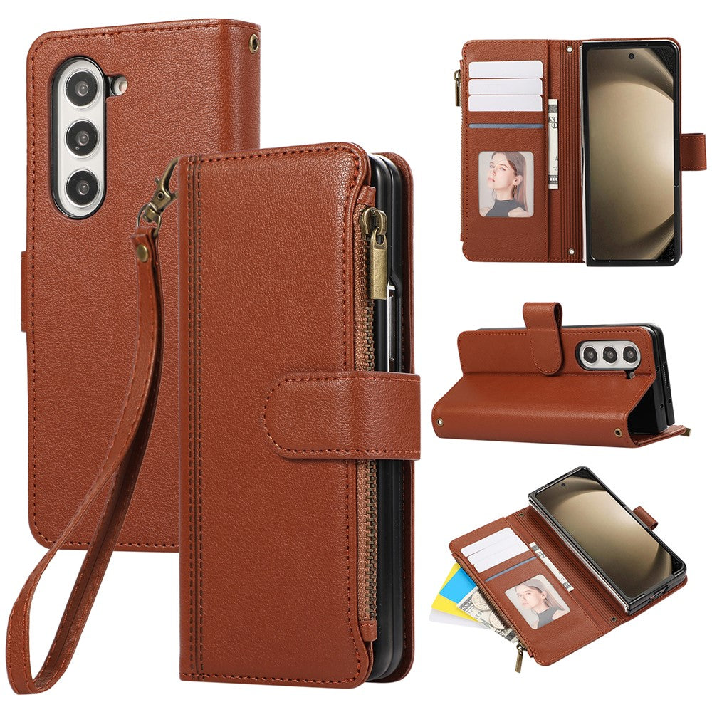 For Samsung Galaxy Z Fold7 5G Case Multi Card Slots Zipper Leather Phone Cover with Wrist Strap - Brown