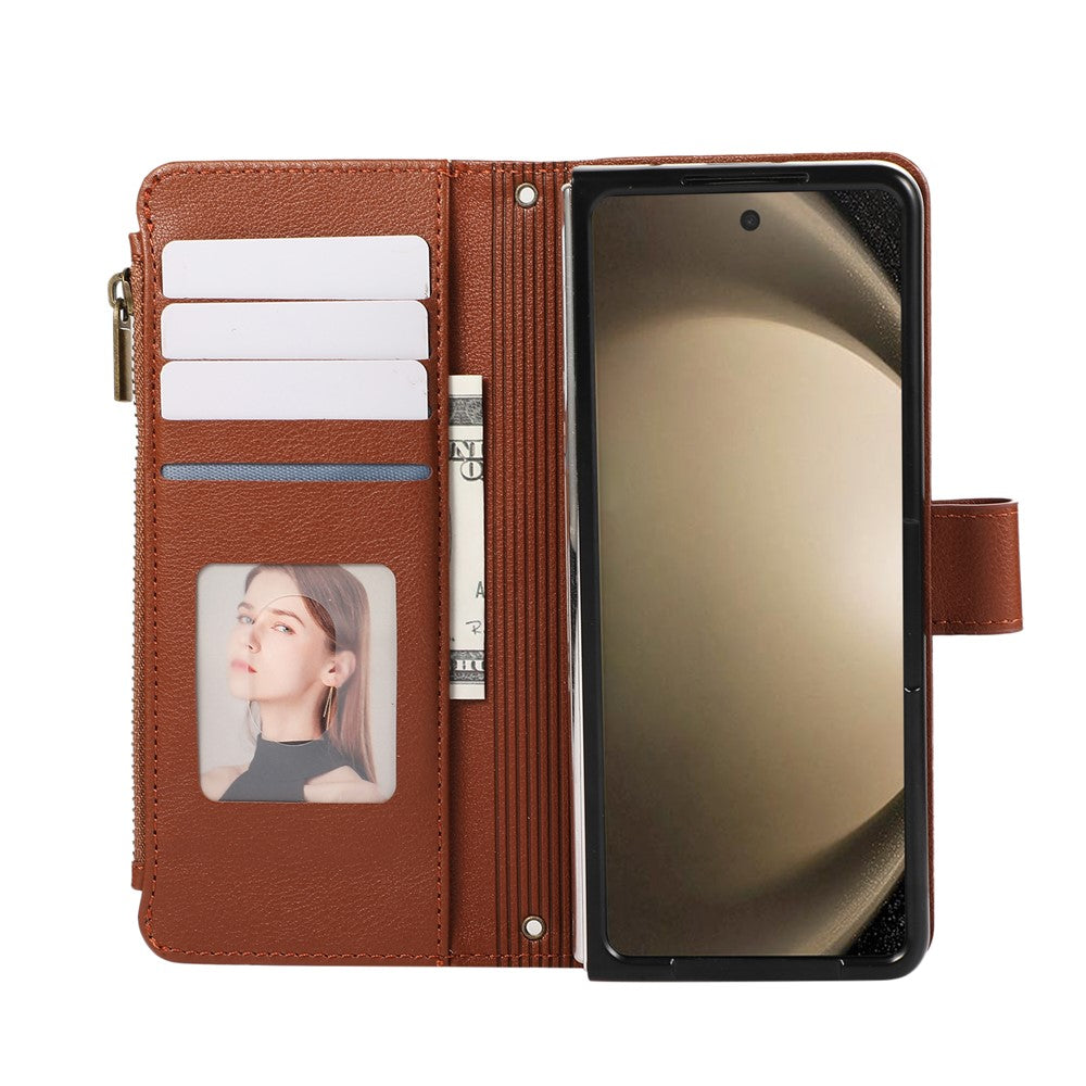 For Samsung Galaxy Z Fold7 5G Case Multi Card Slots Zipper Leather Phone Cover with Wrist Strap - Brown