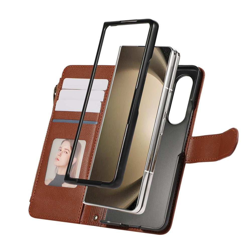 For Samsung Galaxy Z Fold7 5G Case Multi Card Slots Zipper Leather Phone Cover with Wrist Strap - Brown