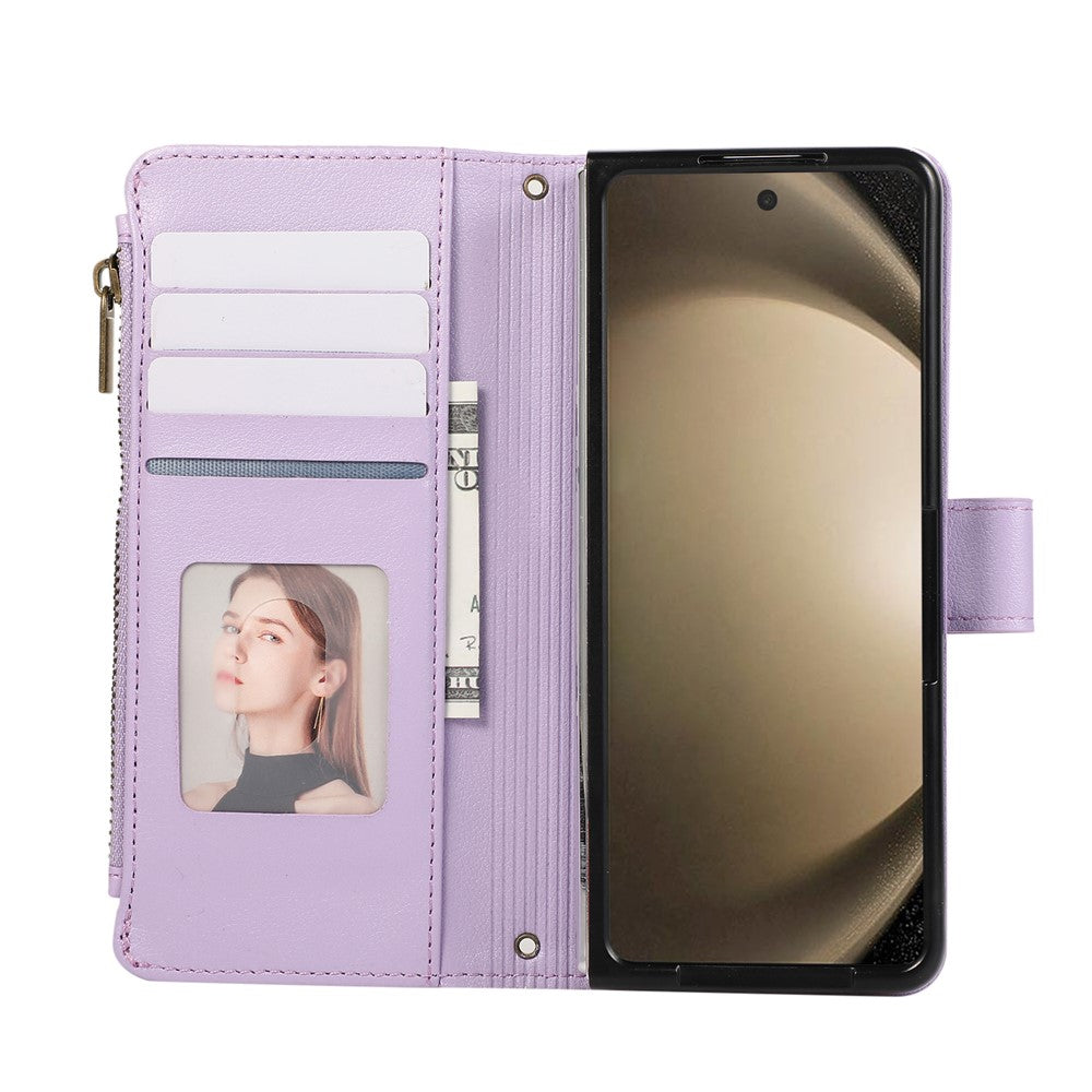 For Samsung Galaxy Z Fold7 5G Case Multi Card Slots Zipper Leather Phone Cover with Wrist Strap - Purple