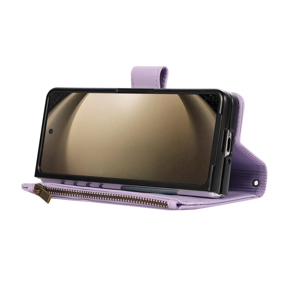 For Samsung Galaxy Z Fold7 5G Case Multi Card Slots Zipper Leather Phone Cover with Wrist Strap - Purple