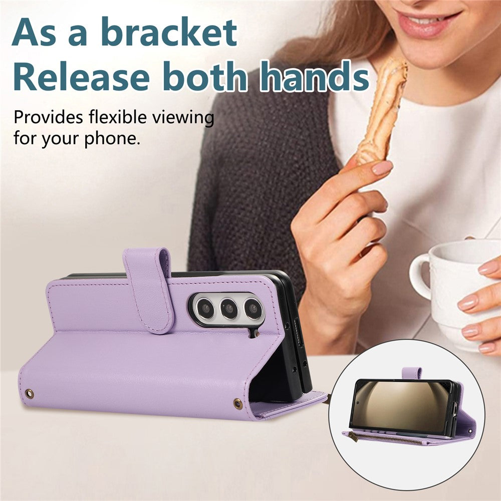 For Samsung Galaxy Z Fold7 5G Case Multi Card Slots Zipper Leather Phone Cover with Wrist Strap - Purple