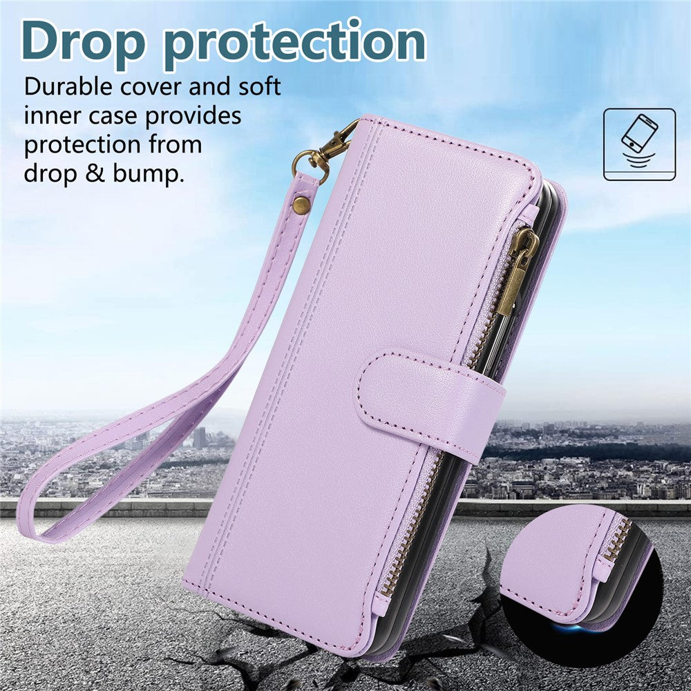 For Samsung Galaxy Z Fold7 5G Case Multi Card Slots Zipper Leather Phone Cover with Wrist Strap - Purple