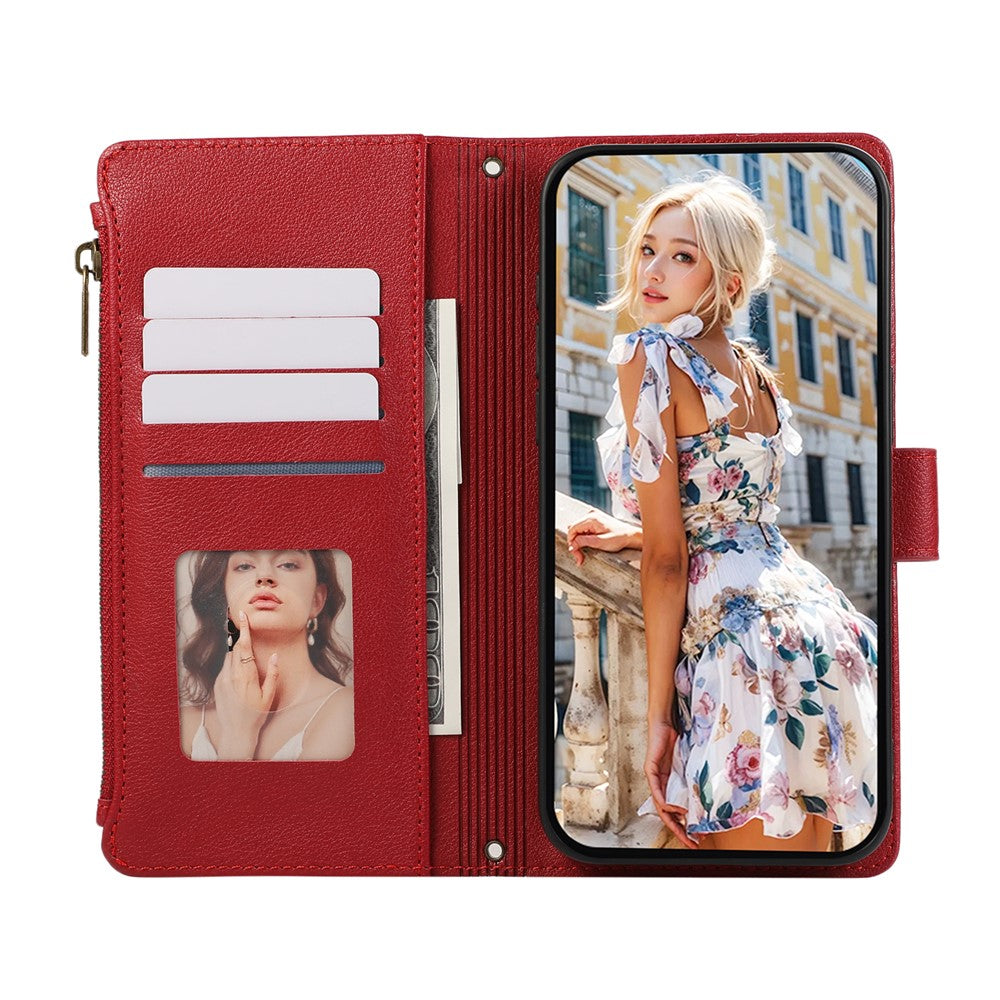 For iPhone 17 Pro Max Case Multi Card Slots Zipper Leather Phone Cover with Wrist Strap - Red