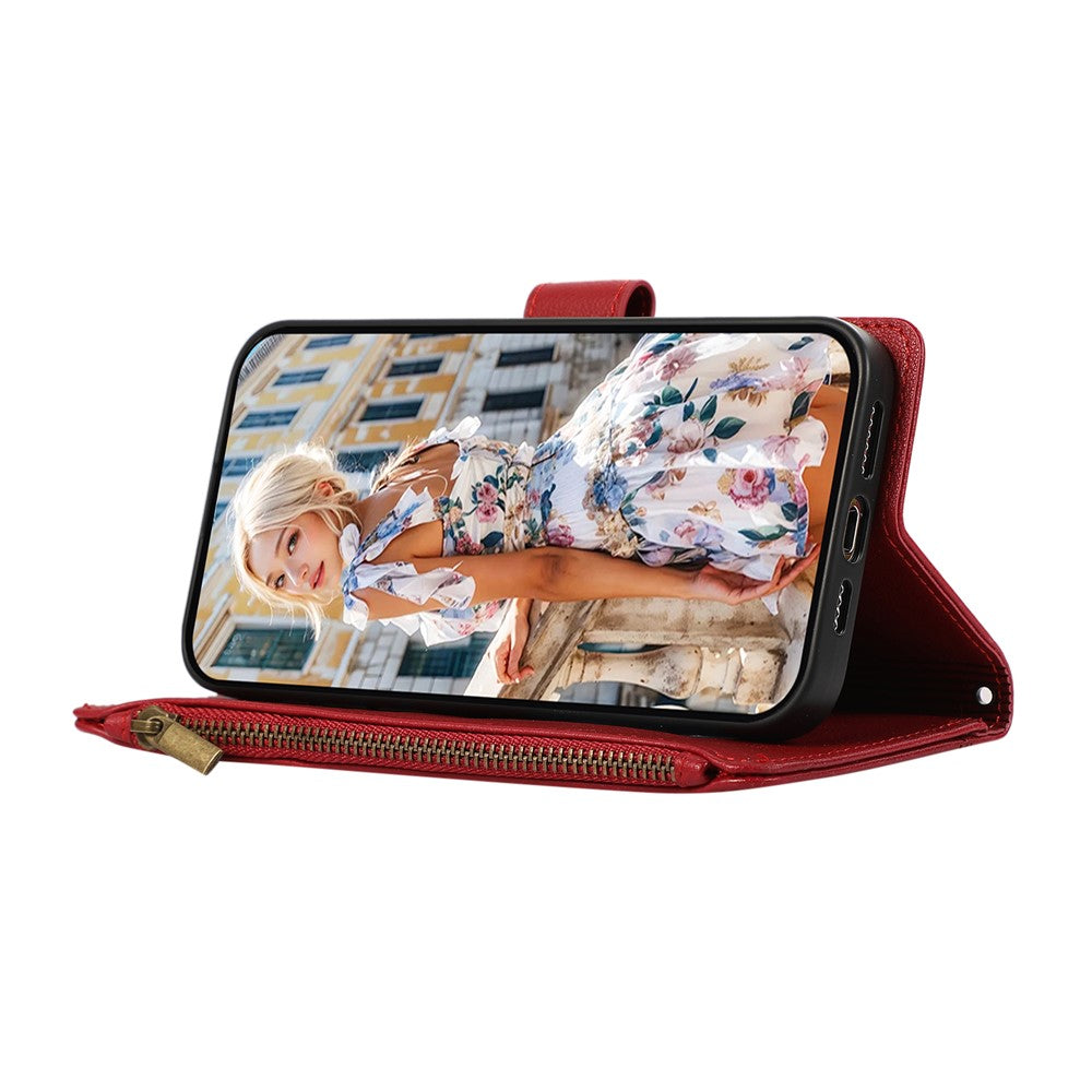 For iPhone 17 Pro Max Case Multi Card Slots Zipper Leather Phone Cover with Wrist Strap - Red