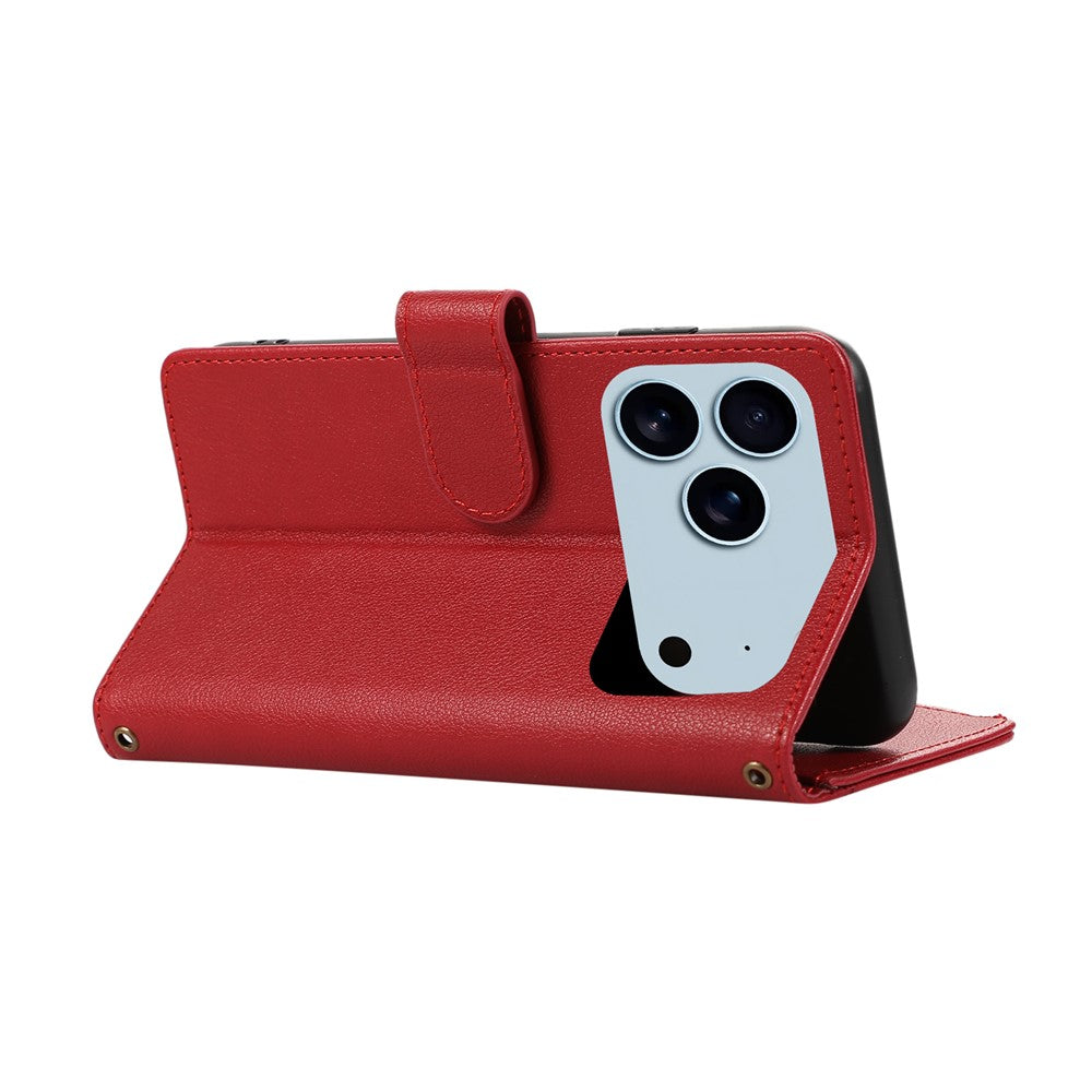 For iPhone 17 Pro Max Case Multi Card Slots Zipper Leather Phone Cover with Wrist Strap - Red