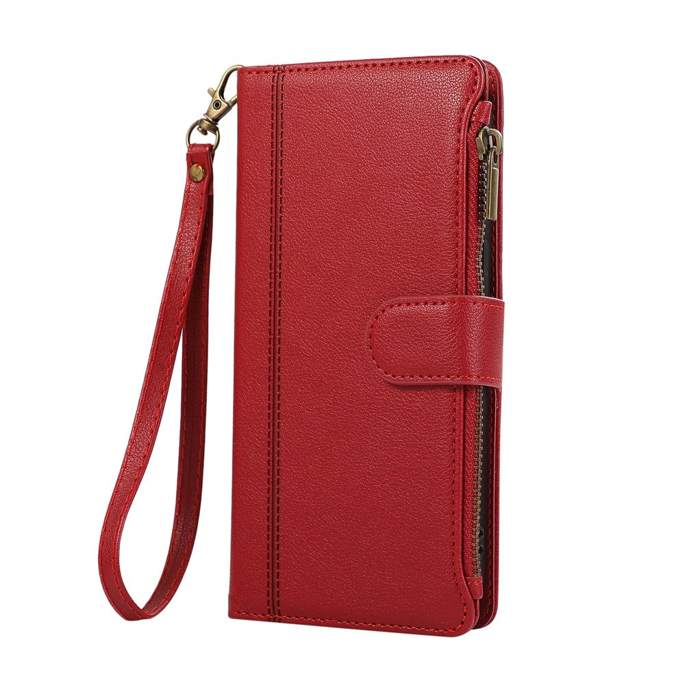For iPhone 17 Pro Max Case Multi Card Slots Zipper Leather Phone Cover with Wrist Strap - Red