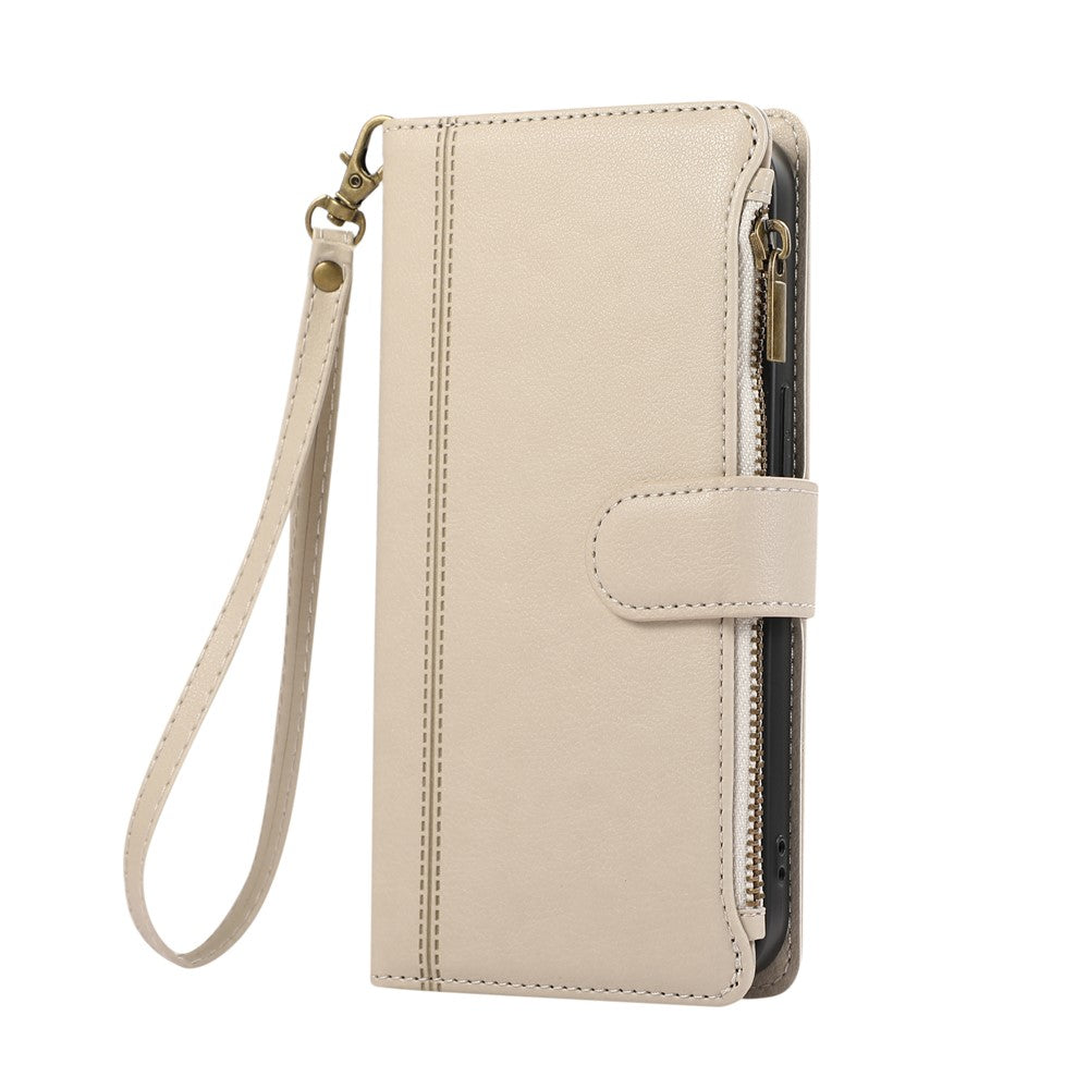 For iPhone 17 Pro Max Case Multi Card Slots Zipper Leather Phone Cover with Wrist Strap - Beige