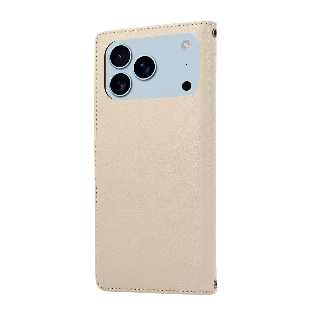 For iPhone 17 Pro Max Case Multi Card Slots Zipper Leather Phone Cover with Wrist Strap - Beige