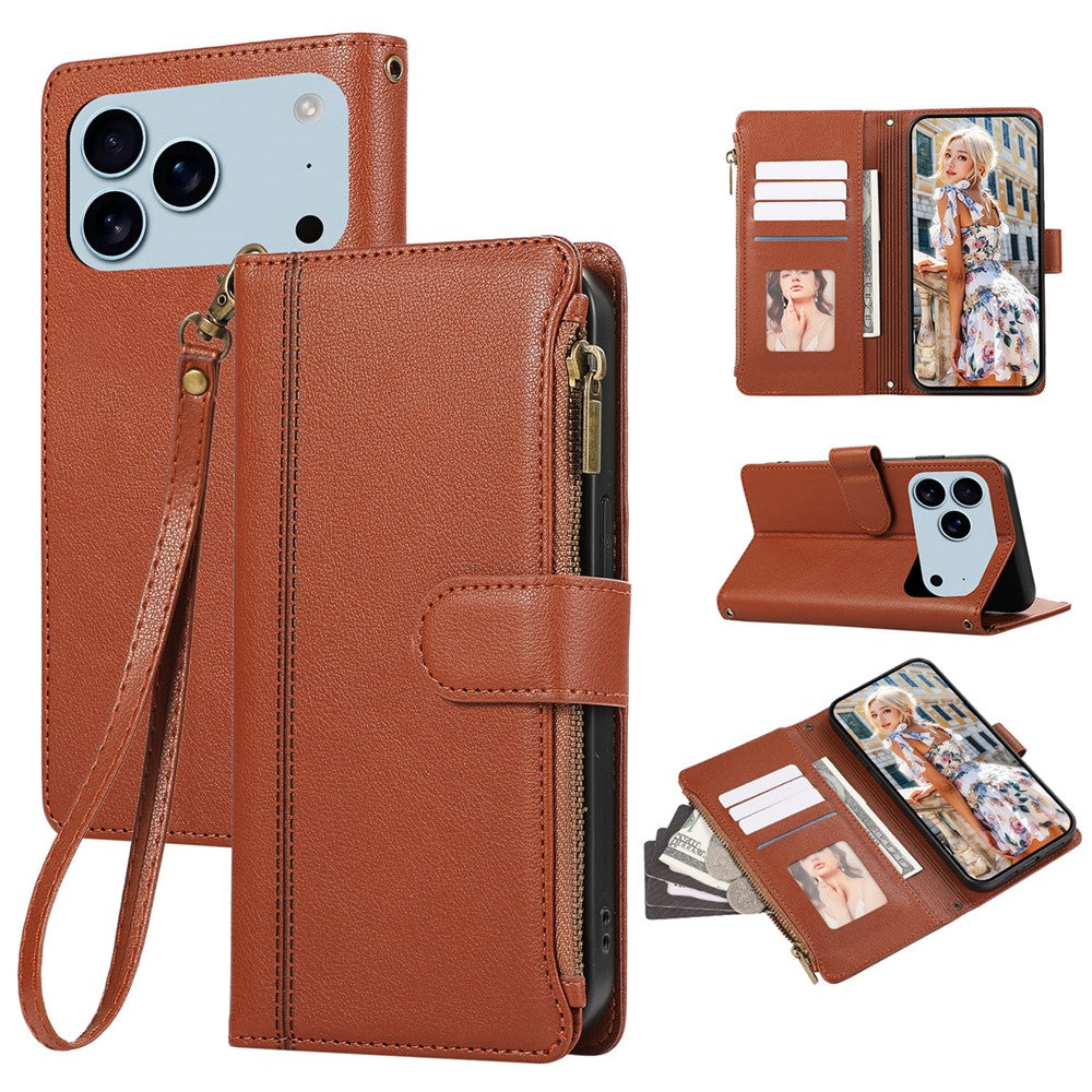 For iPhone 17 Pro Max Case Multi Card Slots Zipper Leather Phone Cover with Wrist Strap - Brown
