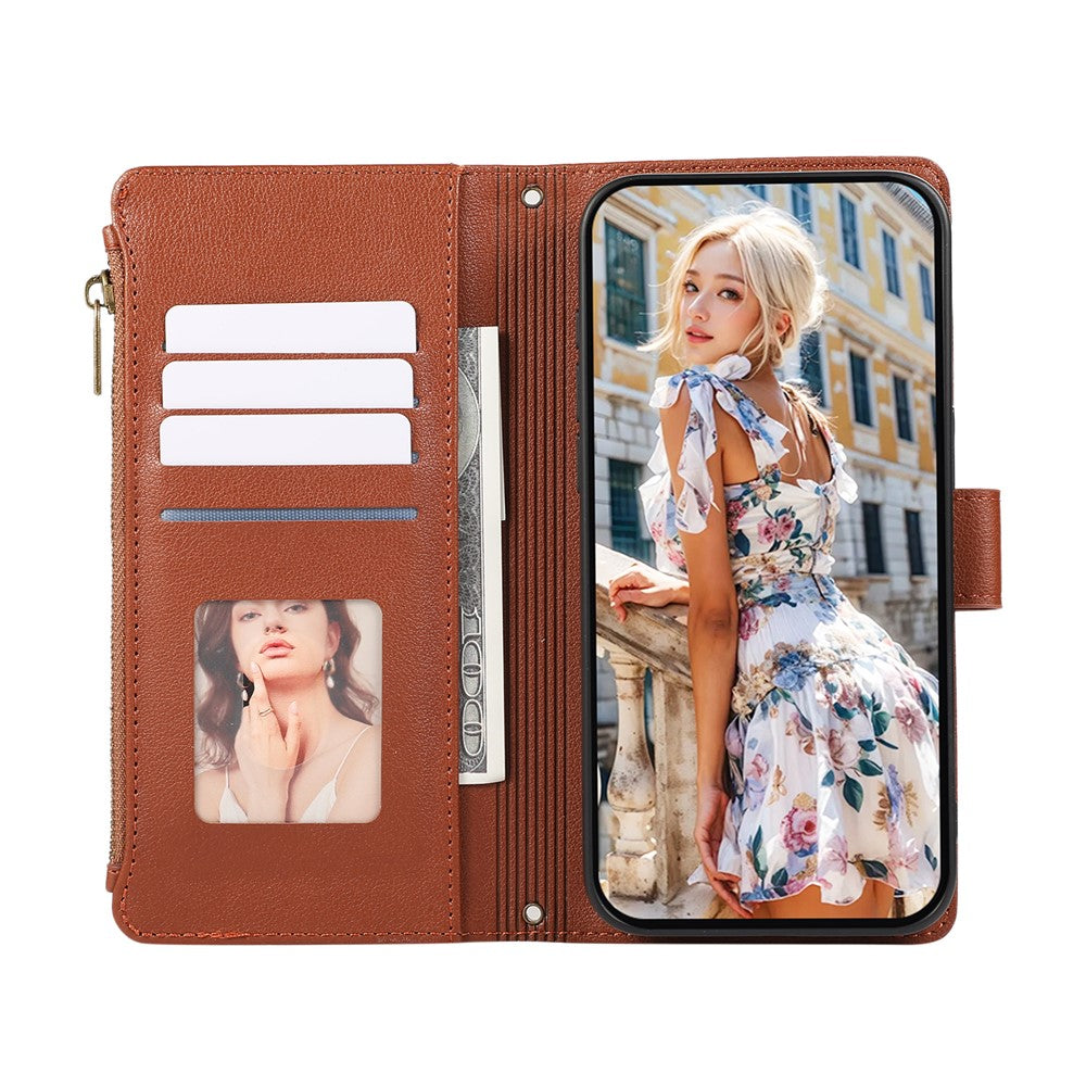 For iPhone 17 Pro Max Case Multi Card Slots Zipper Leather Phone Cover with Wrist Strap - Brown
